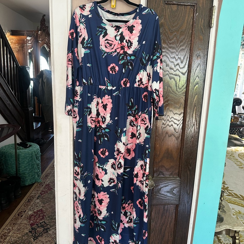 Navy Maxi Dress with Pink Floral Print and Elastic Waist